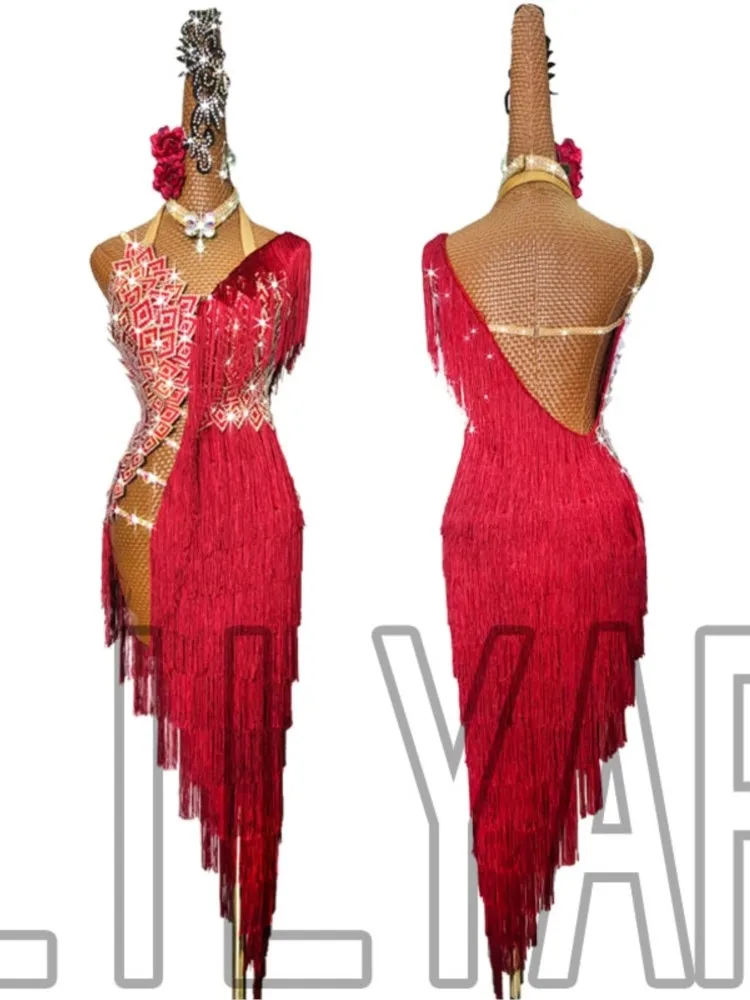 

New Latin Dance Competition Performance Dress Art Exam Wine Red Long Tassel Three Dimensional Square Sexy Skirt