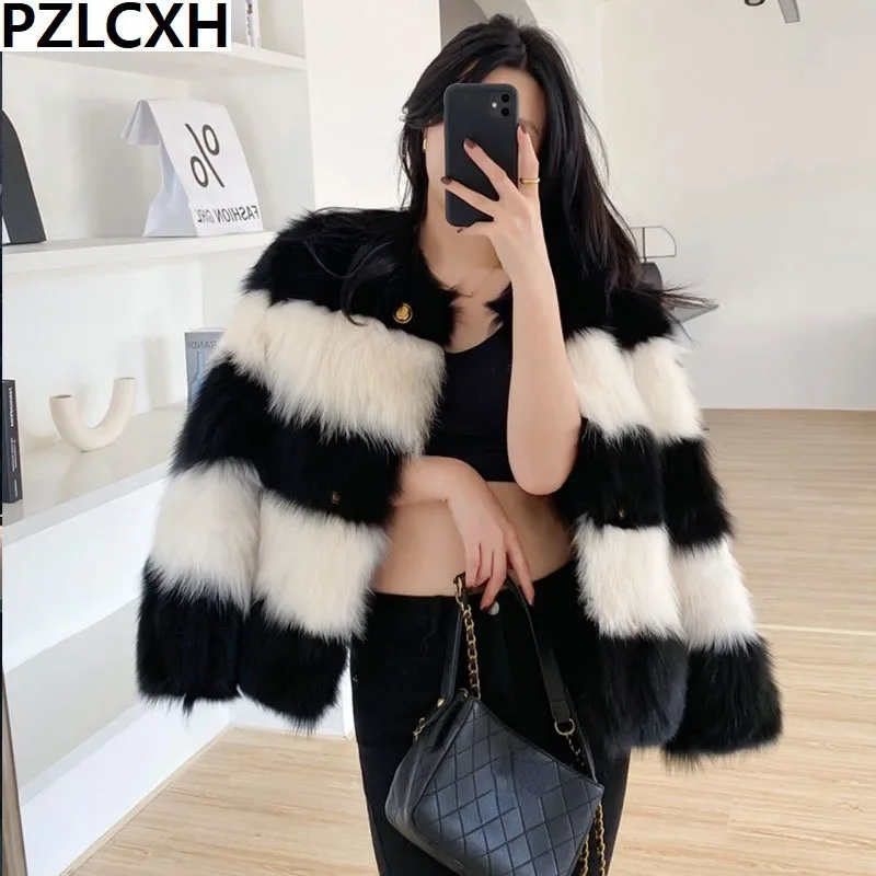 

Faux Fox Fur Woman Coat Fashion Winter Furry Cardigan Fleece Tops Autumn Contrast Color Jacket Coat Party Club Outfit Overcoat