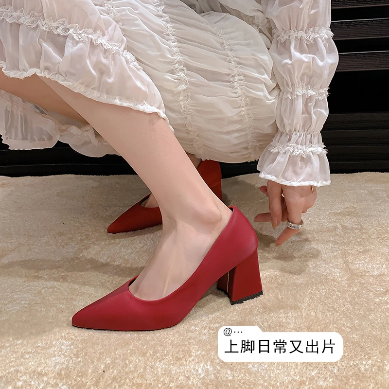 

2024 Spring/Summer New Korean Edition Thick High Heel Pointed Shallow Mouth French Work Women's Singles