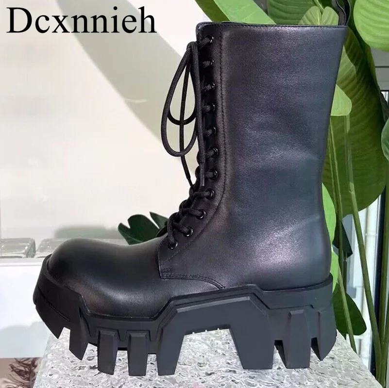 

Genuine Leather Thick Sole Lacing Mid-calf Boots Man Solid Color Ankle Boots Spring Autumn Punk Motorcycle Boots Riding Boots