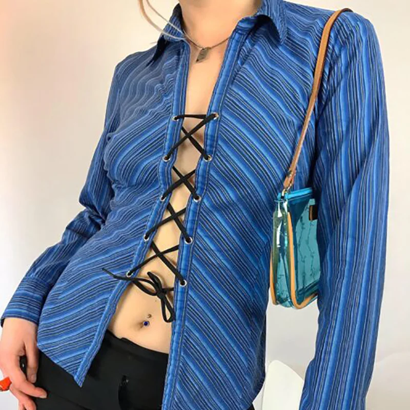 90s Aesthetics Striped Printing Tie Up Top Y2K Fashion Turn-down Collar Long Sleeve Shirts Vintage Bandage T-shirts Sexy 2024
90s Aesthetics Striped Printing Tie Up Top Y2K Fashion Turn-down Collar Long Sleeve Shirts Vintage Bandage T-shirts Sexy 2024