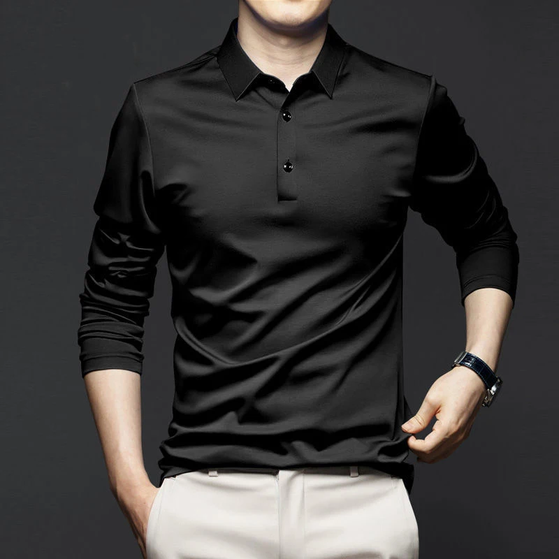 

Модная красивая Мужская футболка с лацканами, однотонные облегающие универсальные деловые повседневные Простые Молодежные пуловеры с длинным рукавом