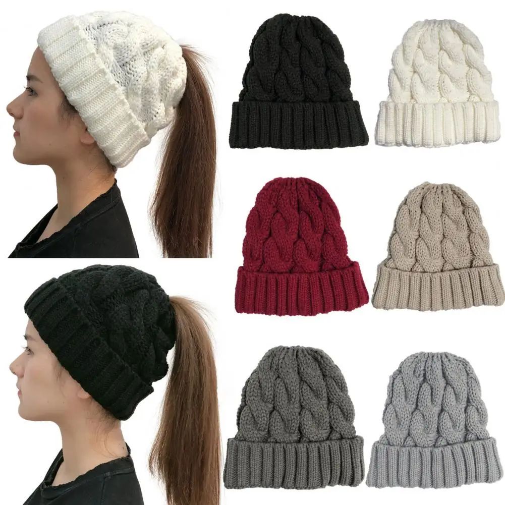 

Fine Knitting Women Hat Knitted Winter Ladies Hat with Ponytail Hole Anti-slip Warm Cold-proof Ear Protection Soft for Women