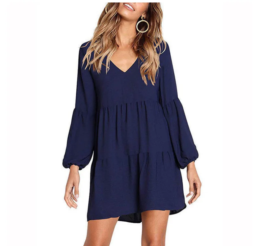 

Women Summer Tunic Dress V Neck Casual Loose Swing Shift Long Sleeve Mini Dress 2024