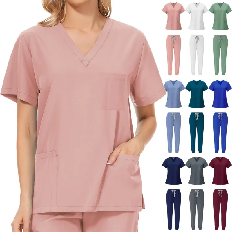 

Women V-neck Scrub Sets Casual Short Sleeved Hospital Doctor Nurse Uniform Suit Pharmacy Operating room Surgery Suit Workwear