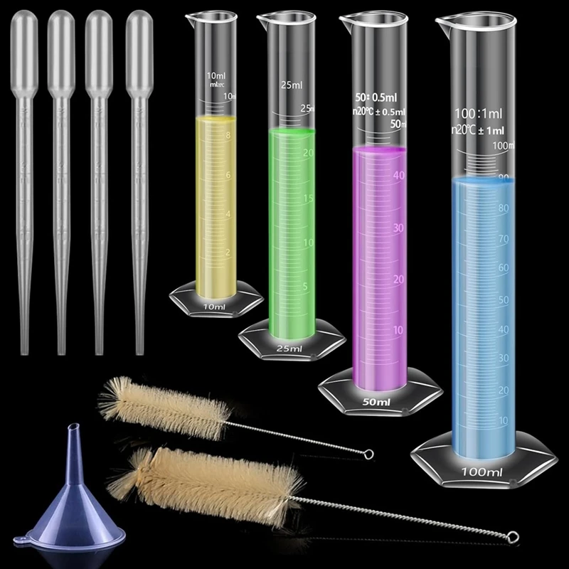 

Plastic Gradient Cylinders, Ml Measuring Cup For Liquid, With 4 Pipettes, 1 Plastic Funnel And 2 Brushes 4-Pack