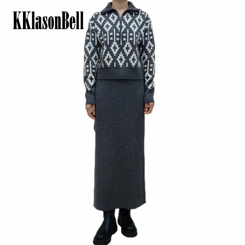 

11,12 KKlasonBell модный кашемировый пуловер с цепочками с бусинами и половинчатой молнией с рисунком ромбиками, свитер или юбка миди с Боковым Разрезом для женщин