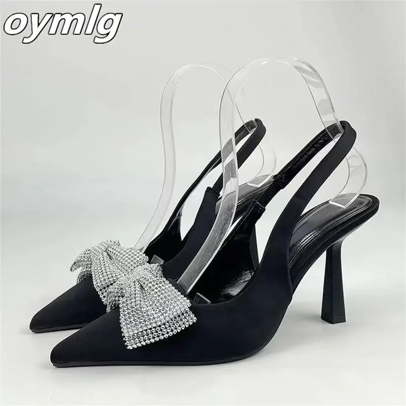 

New elegant high-heeled shoes pointed shallow bow decorated with water brick back strap exposed heel wrapped sandals female