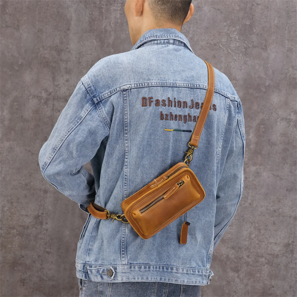 

Crazy Horse Leather Retro Crossbody Bag New Waist Bag Men's Wear Belt Mini Bag Pure Cowhide Mobile Phone Bag