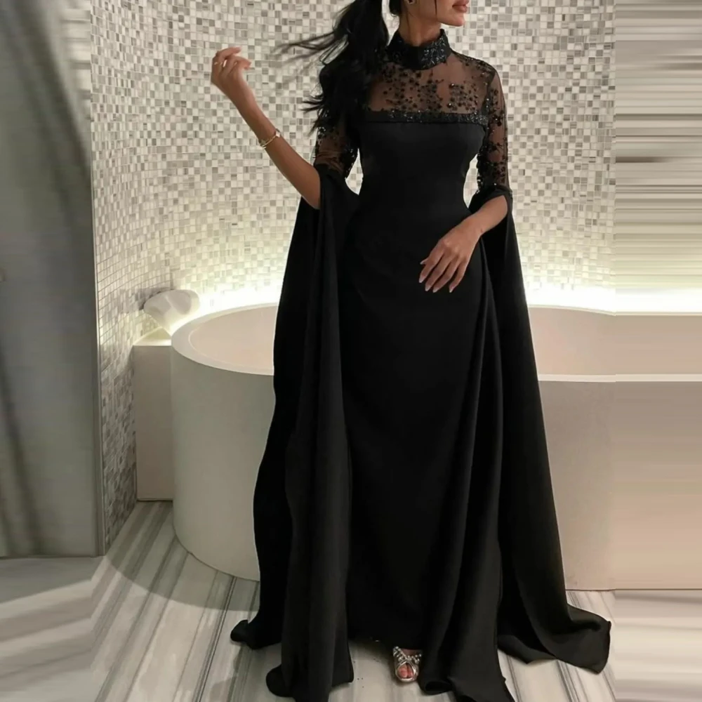 Qcenkern, с расклешенными рукавами, с высокой горловиной, вечернее официальное, Саудовская Аравия, атласное, черное блестящее женское платье для вечеринки 2023 
Qcenkern, с расклешенными рукавами, с высокой горловиной, вечернее официальное, Саудовская Аравия, атласное, черное блестящее женское платье для вечеринки 2023
