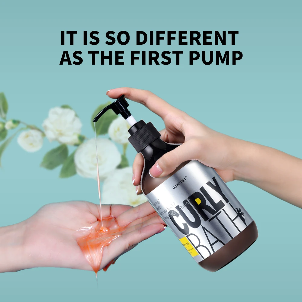 Dog Shampoo | Poodle Dog Shampoo A close-up shot of a person’s hands pumping the "Curly Bath" gel. A thick, shimmering peach-colored liquid is being dispensed into the palm. The text above reads: "IT IS SO DIFFERENT AS THE FIRST PUMP."