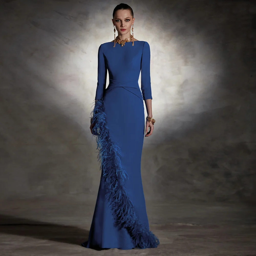 Elegant Blue Mother of the Bride Dresses O Neck 3/4 Sleeves Mermaid Wedding Party Gowns Feather Floor-Length فساتين السهرة
Elegant Blue Mother of the Bride Dresses O Neck 3/4 Sleeves Mermaid Wedding Party Gowns Feather Floor-Length فساتين السهرة