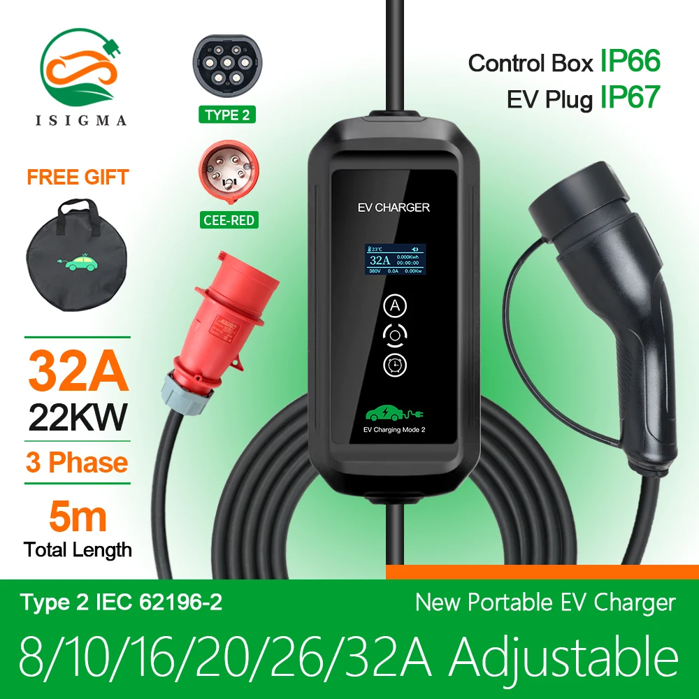 

Isigma 32A 22kw Current Adjustable Type 2 EV Charger IEC 621962 EVSE Input 110V-450V Home Charging 5m Long With EU Plug IP67