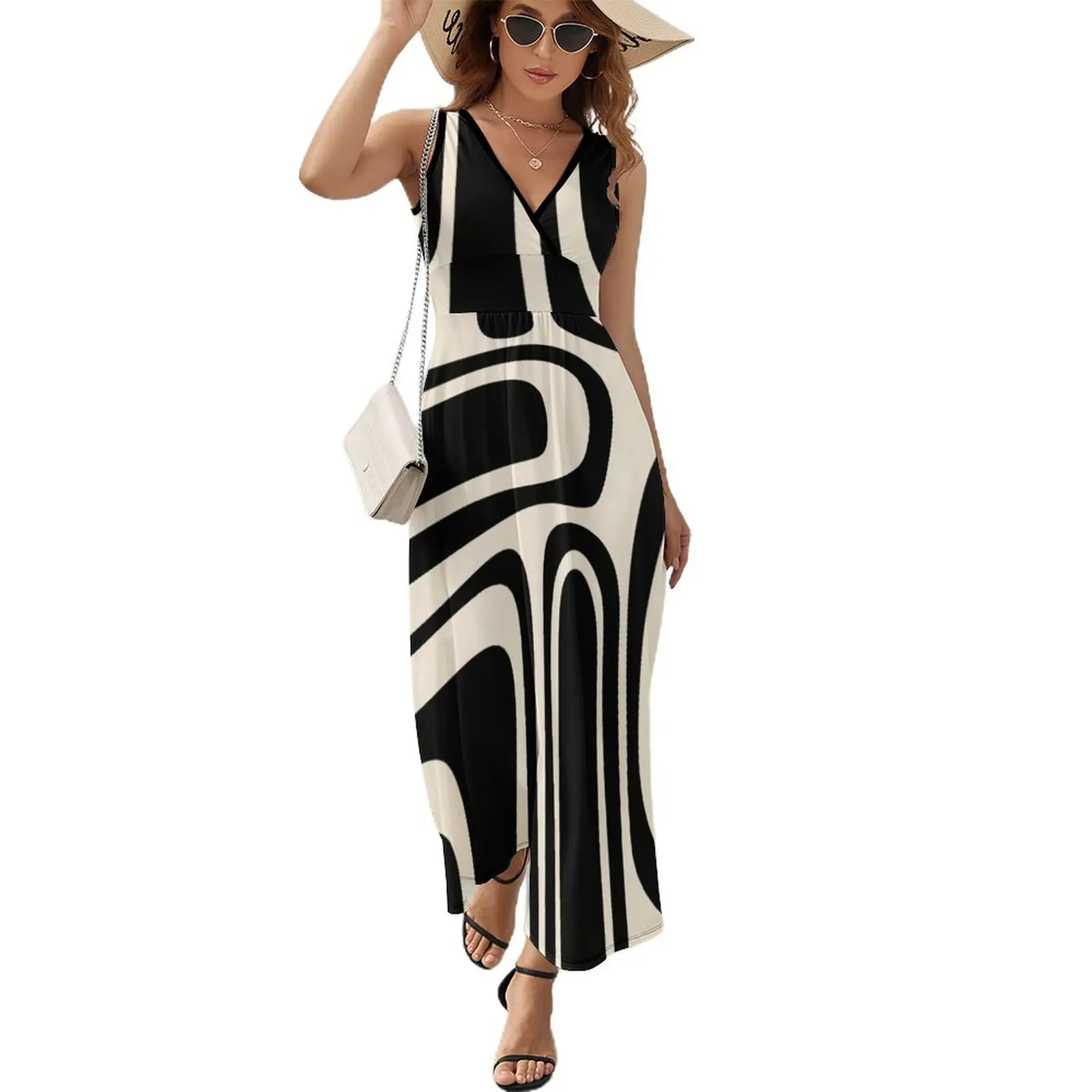 

Palm Springs Retro Midcentury Modern Abstract Pattern in Black and Almond Cream Sleeveless Dress dresses ladies 2023 summer
