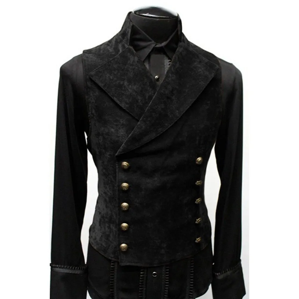 

Men’s Gothic Medieval Double Breasted Waistcoat Cosplay Costume Victorian Velvet Vest Coat Prom Retro Stand Collar Comfy Vest