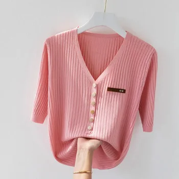 Blusas de malha femininas: uma moda versátil e elegante 10 4XL size women summer thin sweater pullover 2022 short sleeve v neck letter slim oversize t-shirt knitting jumper pull