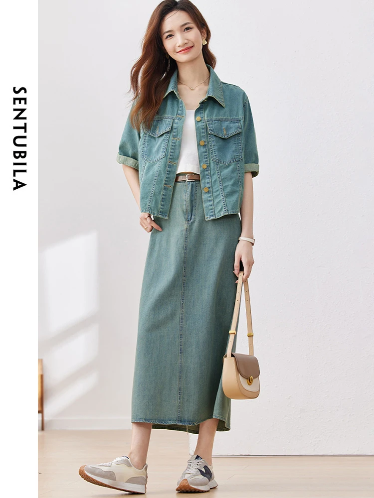 SENTUBILA Retro Washed Solid Denim Sets 2024 Summer Polo Collar Coat High Waist Split Skirt Casual Simple Matching Set W32Z49683
SENTUBILA Retro Washed Solid Denim Sets 2024 Summer Polo Collar Coat High Waist Split Skirt Casual Simple Matching Set W32Z49683