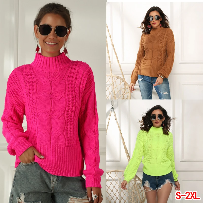 Autumn Winter Ladies Sweater Knitted Fluorescent Color Half High Neck Pullover Long Casual Loose Sweater Women Pullover
Autumn Winter Ladies Sweater Knitted Fluorescent Color Half High Neck Pullover Long Casual Loose Sweater Women Pullover