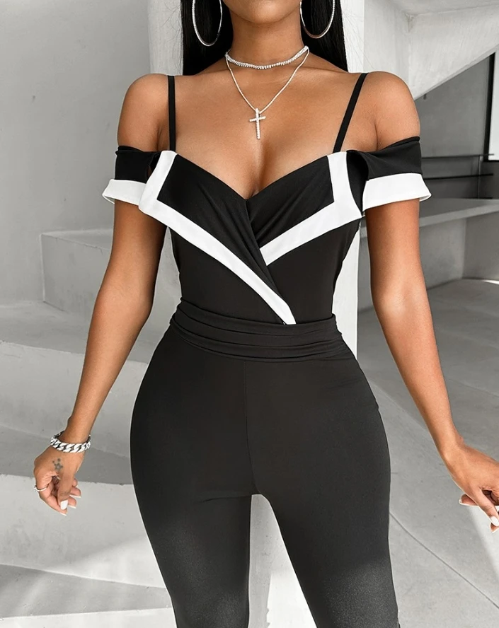 

Vintage Jumpsuit for Women 2024 Spring Colorblock V Neck Off Shoulder Sleeveless Ruffles High Waist Skinny Work Jumpsuit