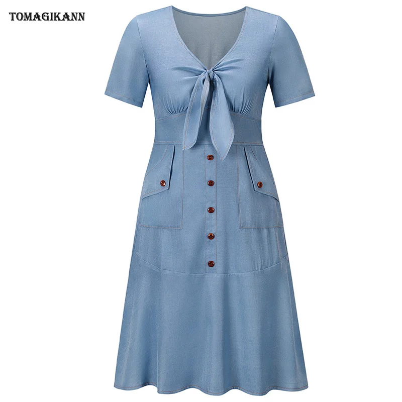 Women Midi Denim Dresses Summer Bowtie Sundress Button Pocket V Neck Short Sleeve Bodycon Ladies Mermaid Dress
Women Midi Denim Dresses Summer Bowtie Sundress Button Pocket V Neck Short Sleeve Bodycon Ladies Mermaid Dress