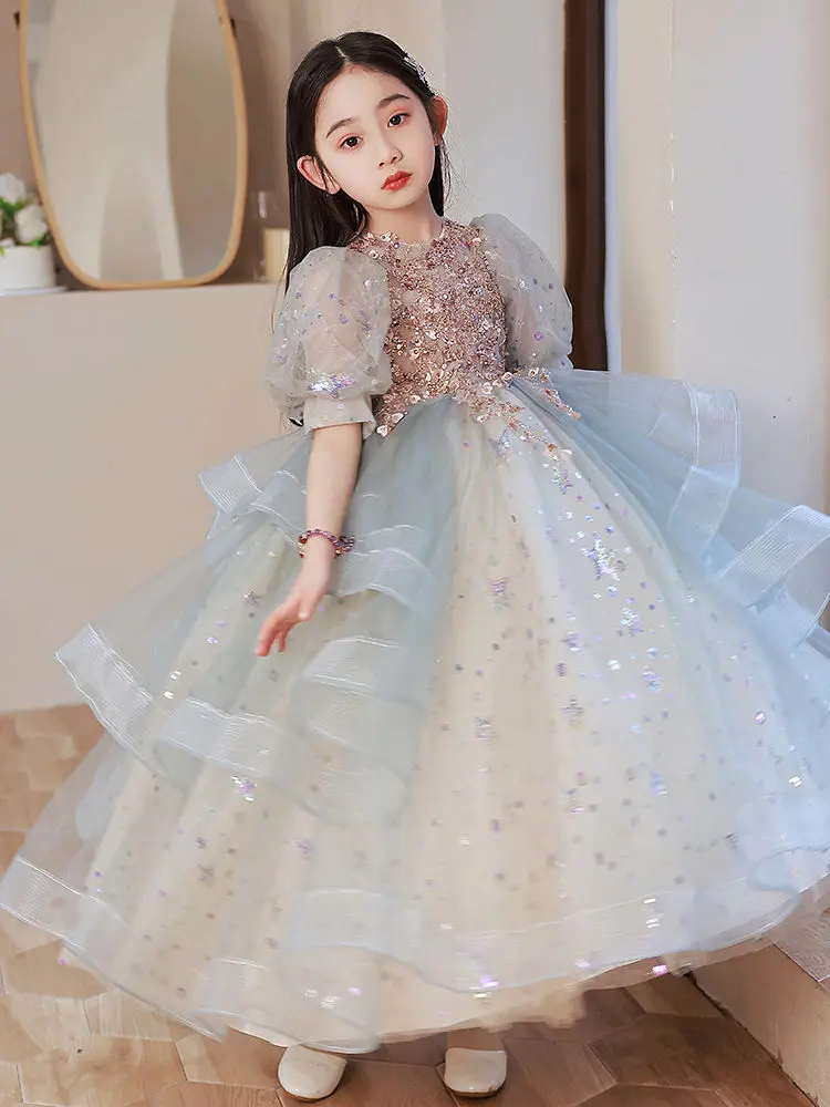 

Formal Kid Christmas Dresses Girls Shiny Princess Performance Costume Long Dress Birthday Party Evening Elegant Luxury Ball Gown