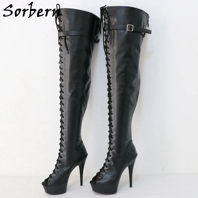 

Sorbern 15Cm Pole Dance Boots Women Over The Knee Stripper High Heel Platform Open Toe Lace Up Rear Zipper Custom Leg Size