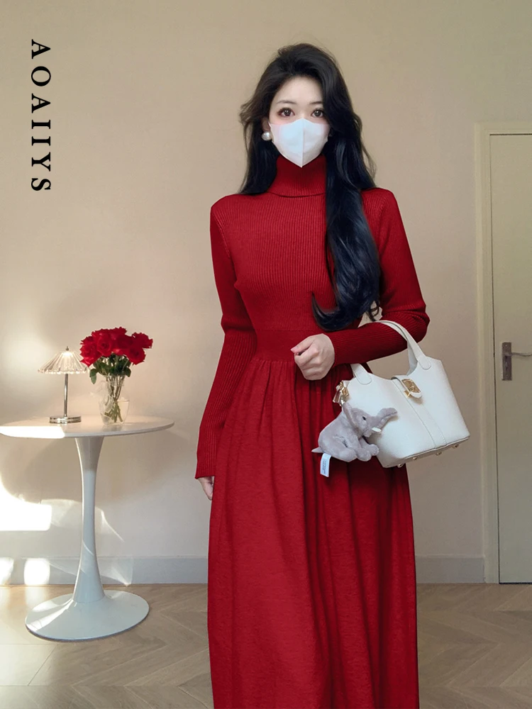 

Aoaiiys Long Knitted Dresses for Women Turtlenecks Long Sleeve Slim Dresses Korean Fashion Stretch Soft Solid Dresses Winter New