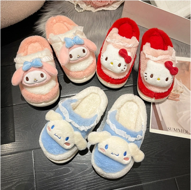 

Sanrio Cinnamoroll Hello Kitty My Melody Cotton Slippers Fluffy Cute Cartoon Women's Kuromi Winter Warm Slippers Homewear Shoes