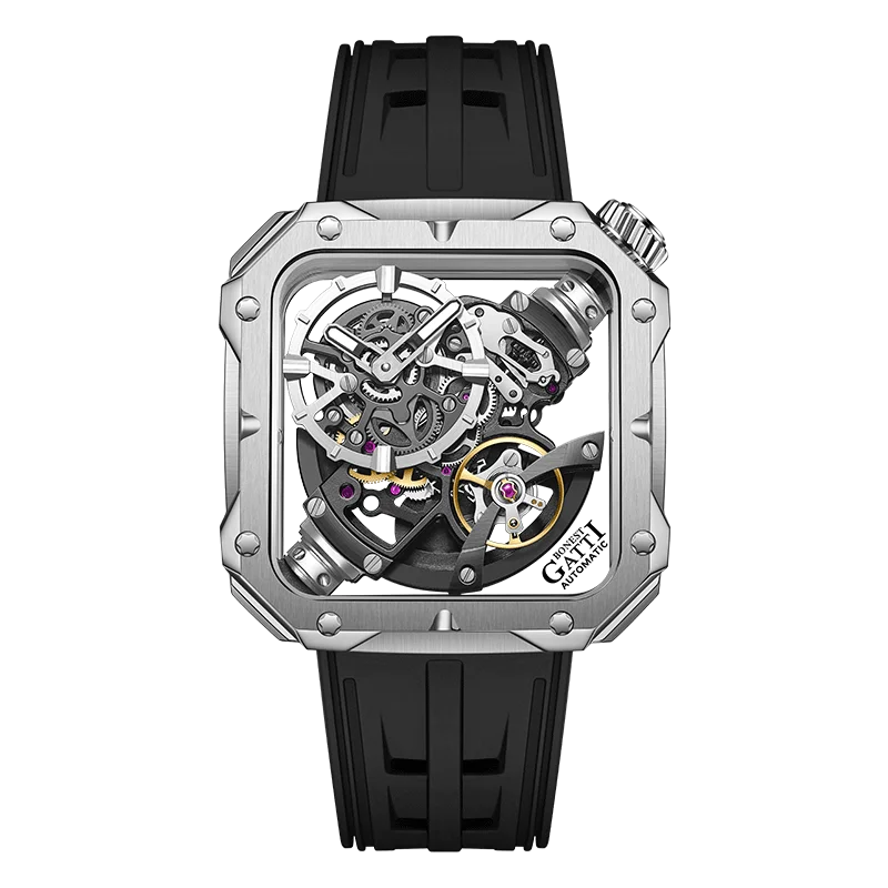 

BONEST GATTI Men Luxury Watch Square Automatic Mechanical Wristwatch Waterproof Sapphire Luminous Skeleton Fluororubber Strap
