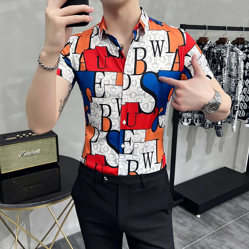 

Boutique Trend with American Casual Fashion Slim Men's Long-sleeved Shirt Advanced Sense of Individuality Mondrian Print