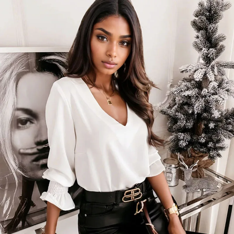 Fashion Hollow Lace Stitching White Blouse Women Spring Summer Sexy V-neck Long-sleeved Ladies Shirt Casual Loose New Tops 12460
Fashion Hollow Lace Stitching White Blouse Women Spring Summer Sexy V-neck Long-sleeved Ladies Shirt Casual Loose New Tops 12460