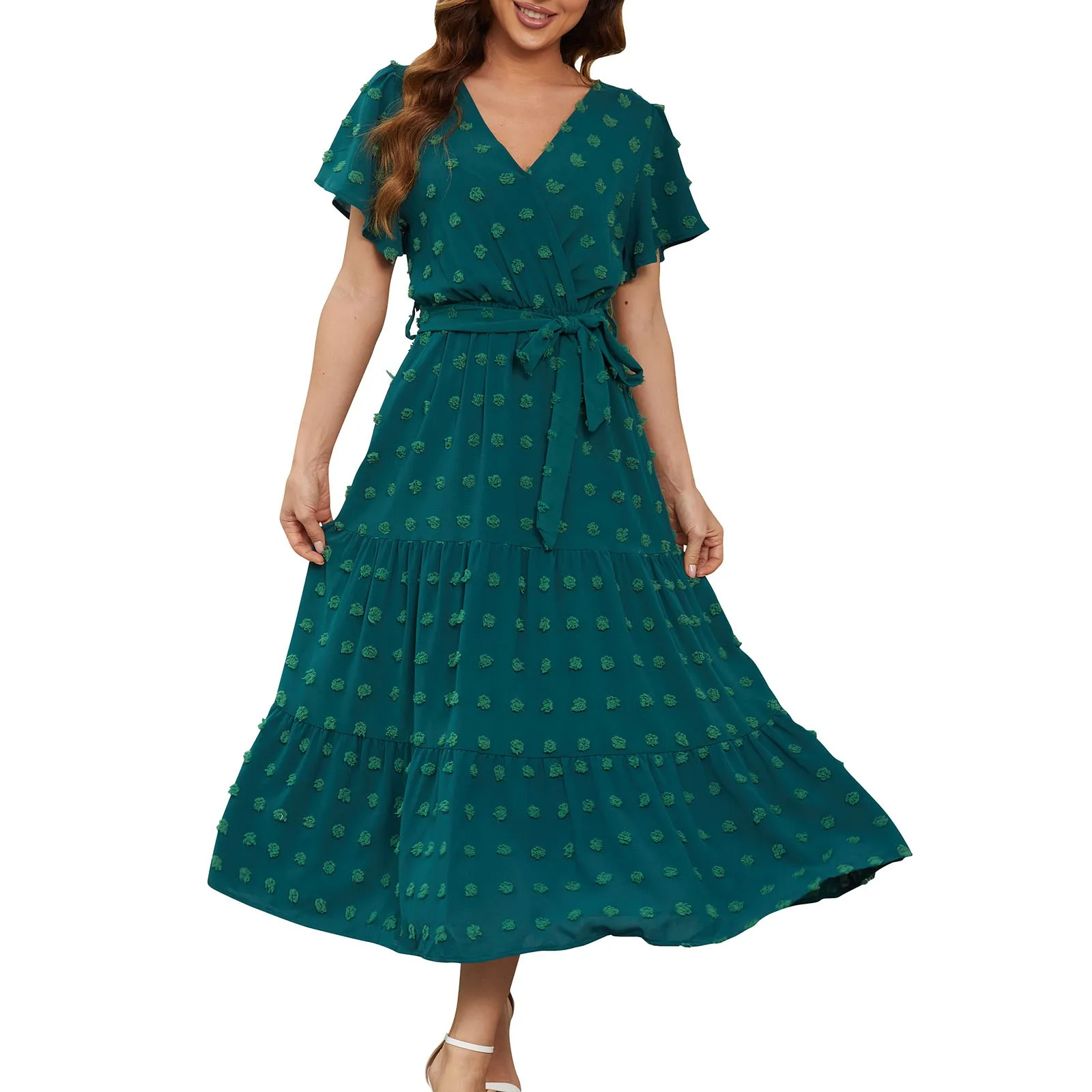 

Woman Bohemian Polka Dot Dress Wrap V Neck Short Sleeve Solid Color Tie A-Line Layered Flowy Long Dresses Pullover Summer Dress