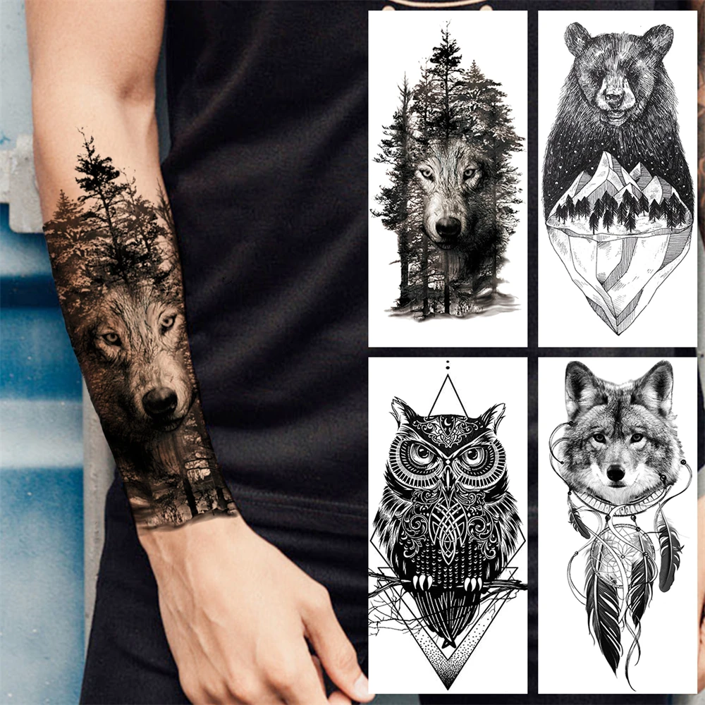 

Black Forest Wolf Arm Temporary Tattoos For Women Men Bear Geometry Owl Feather Fake Tattoo Waterproof Body Art Painting Tatoos