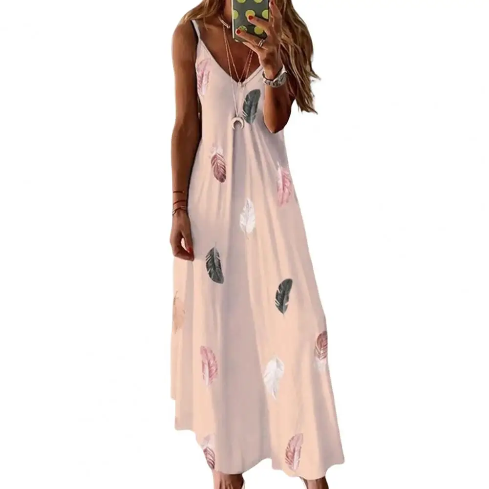 

Vacation Sundress Bohemian Style Feather Maxi Dress for Summer Vacation V Neck A-line Ankle Length Strappy Dress with Retro
