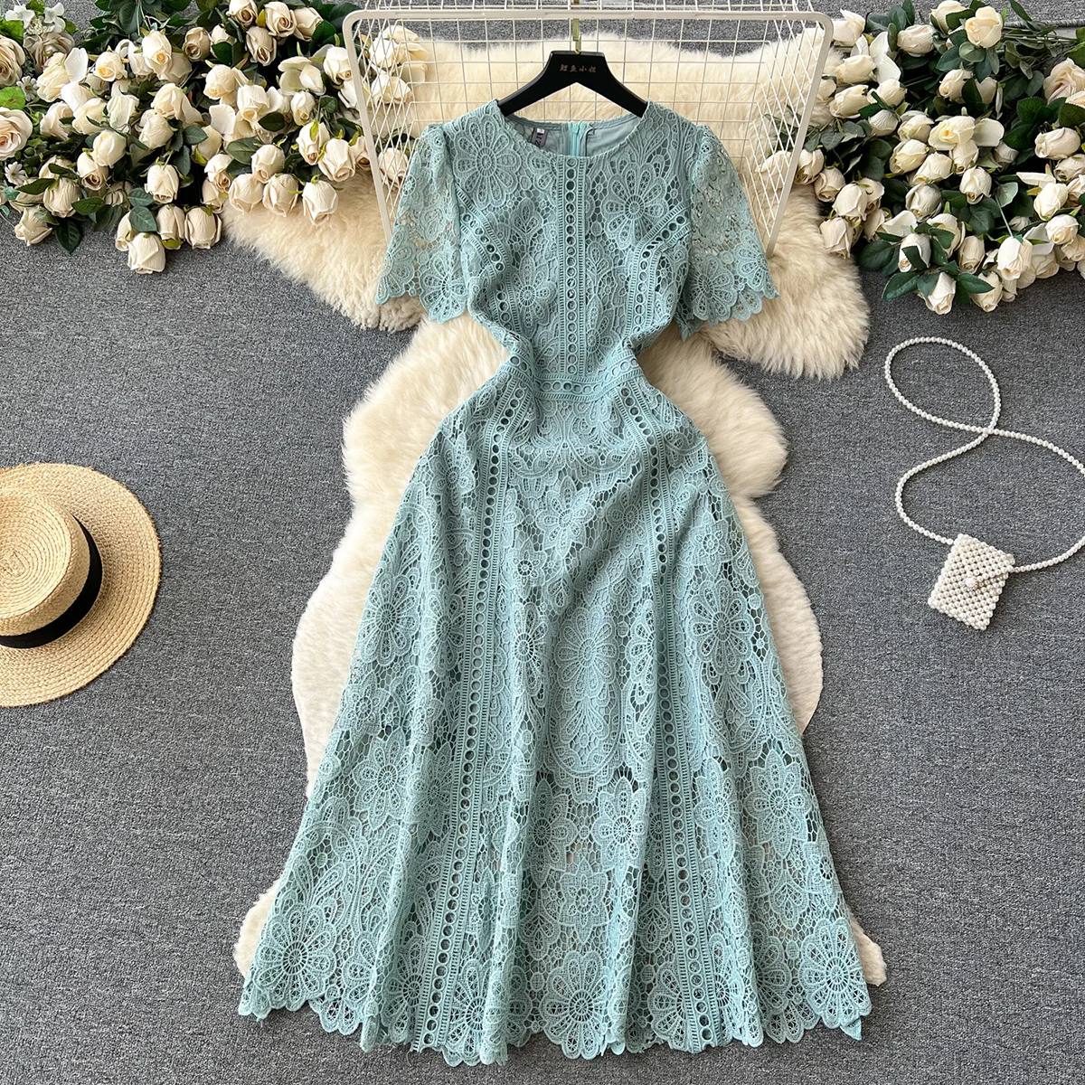 

Short Sleeve Summer Dresses For Women 2023 Evening Party Openwork Embroidery Lace Dress Wedding Guest Elegant A Line Midi Dress