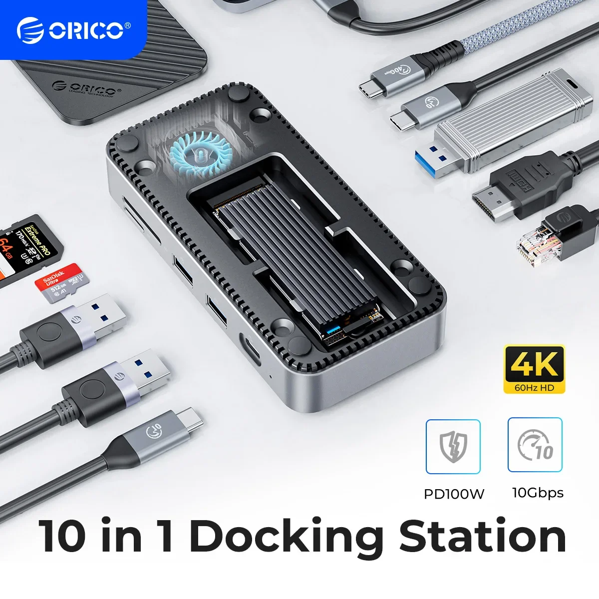 

ORICO USB C HUB with Cooling Fan M.2 NVMe SATA SSD Enclosure External 10Gbps 4K 60Hz HDMI-Com RJ45 SD/TF Docking Station