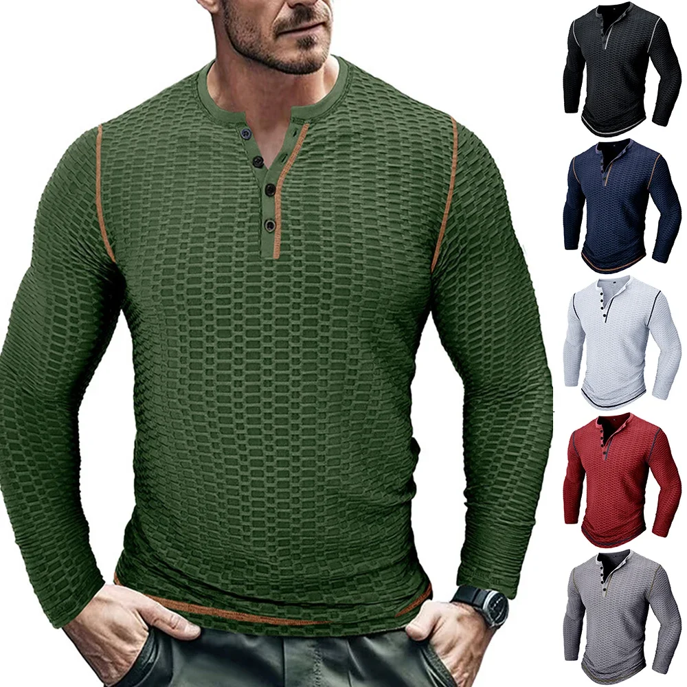

Waffle Men's Henley Shirt Casual Solid Color Button T Shirts Breathable High Quality Shirt Male Long Sleeve Basic Top Tees Homme