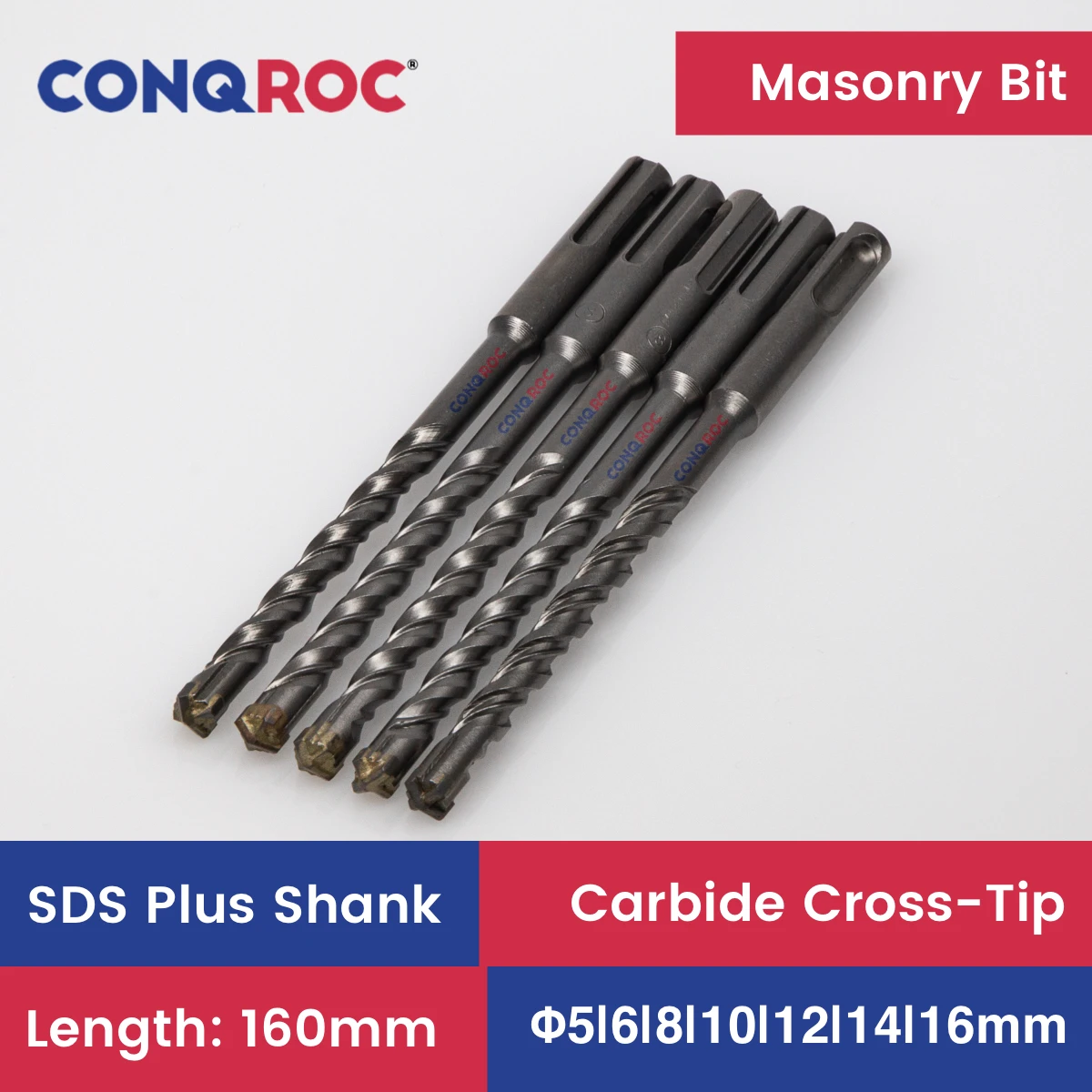 

Masonry Drill Bits SDS Plus Shank Length-160mm Carbide-Cross-Tip 5-Piece-Same-Size Diameter-6~16mm for Electric Hammer