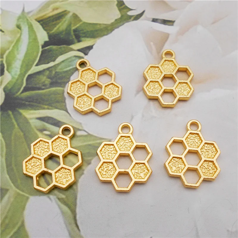

10PCS Golden Tiny Hollow Honeycomb Charms Necklace Pendant Hive Comb Jewelry Handmade Bracelet DIY Earrings Accessory
