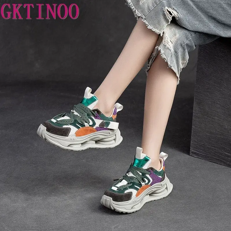 

GKTINOO Genuine Leather Shoes Women Sneakers Lace-up Retro Mixed Colors 2023 New Spring Handmade Concise Platform Sneakers