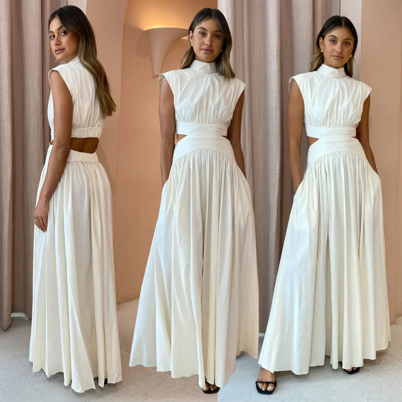 Women White Elegant Long Dress 2023 New in Pleated Fashion High Collar Sleeveless Female Clothing Backless Hollow Out Chic Dress 
Women White Elegant Long Dress 2023 New in Pleated Fashion High Collar Sleeveless Female Clothing Backless Hollow Out Chic Dress