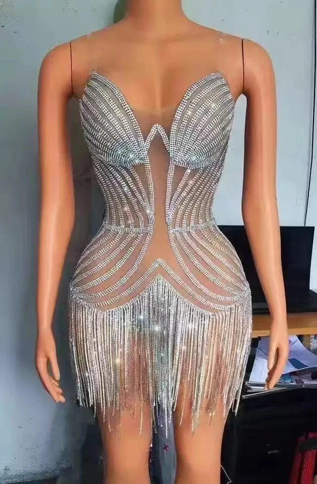 Women Dancer Glisten Silver Rhinestones Mini Dress Crystals Fringes Outfit Birthday Celebrate Sexy Stage Costume Performance
Women Dancer Glisten Silver Rhinestones Mini Dress Crystals Fringes Outfit Birthday Celebrate Sexy Stage Costume Performance
