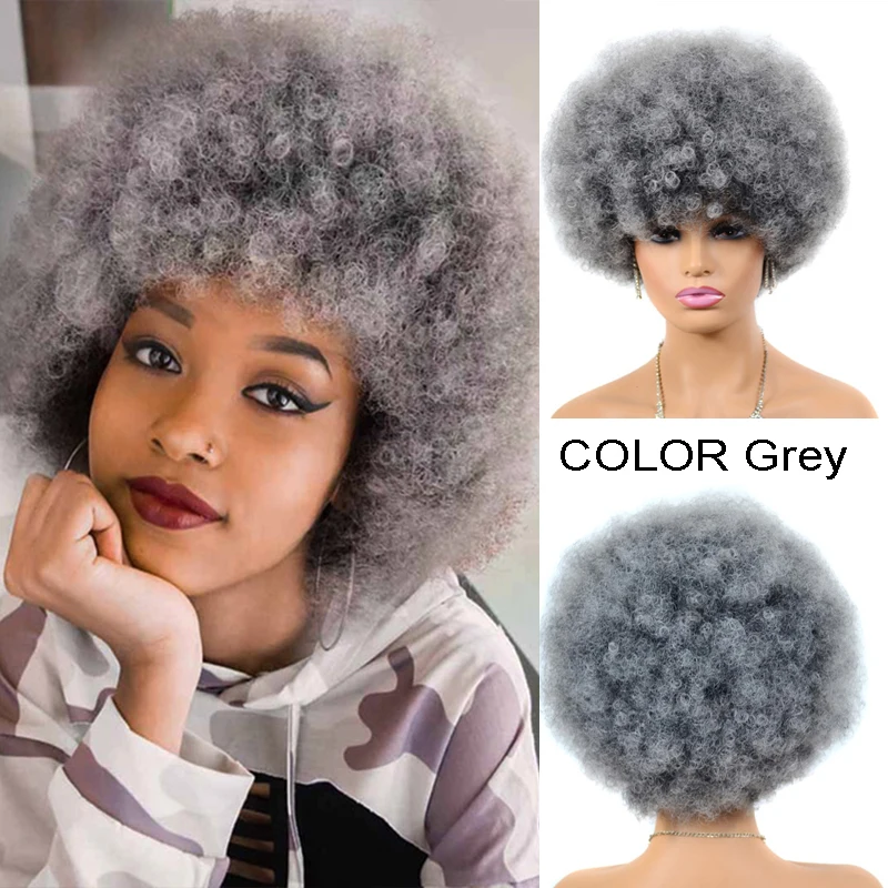 

Gray High Puff Afro Wig Short Kinky Curly Wig With Bangs Black Natural Ombre Synthetic Hair For Women Party Female Bob Wigs