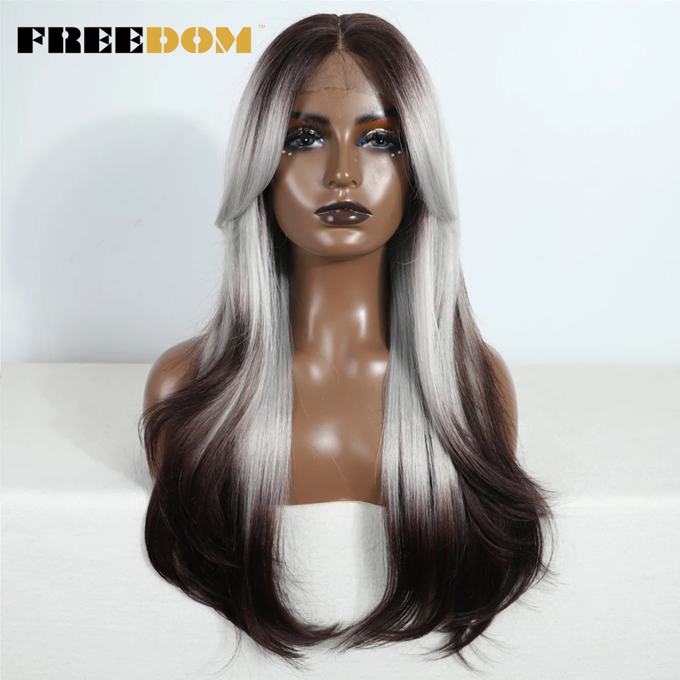 

FREEDOM Synthetic Lace Front Wigs For Women 26 Inch Straight Lace Wig With Bangs Ombre Brown Blonde Red Highlight Cosplay Wigs