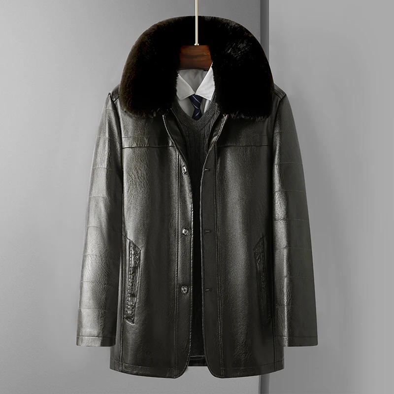 

2023Winter style plus velvet fashion handsome trend high-end leather warm windproof dad fur coat big fur collar men's fur coat