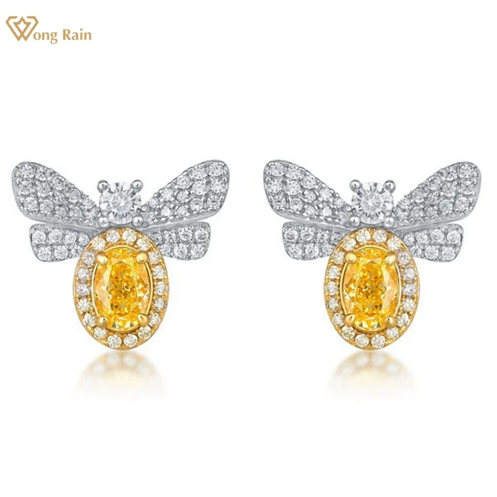 

Wong Rain 100% 925 Sterling Silver 4*6 MM Oval Citrine High Carbon Diamond Gemstone Little Bees Ear Studs Earrings Fine Jewelry