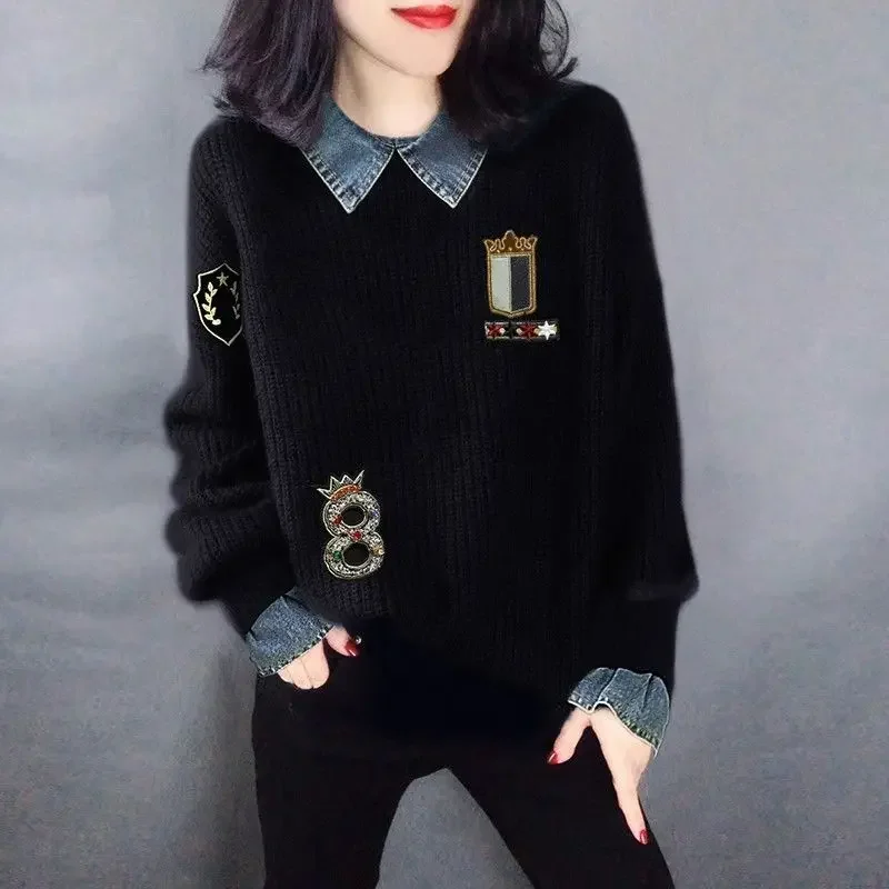 Women's Embroidered Sweater, Patchwork Knit Top, Vintage Sweater Plaid Shirt Collar Fake Two Piece Knit Set Aesthetic Sweater 
Women's Embroidered Sweater, Patchwork Knit Top, Vintage Sweater Plaid Shirt Collar Fake Two Piece Knit Set Aesthetic Sweater