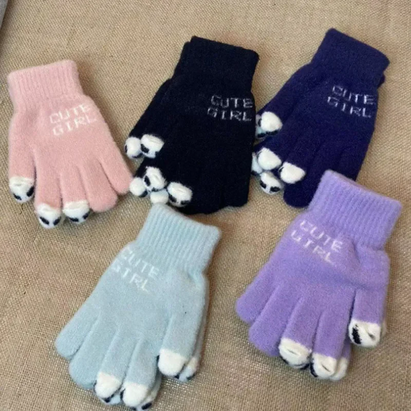 

Winter For Women Fluffy gloves Panda Fingertip Warm Knitted Fingerless Gloves Wool Touchscreen Phone Girls Full Finger Mittens