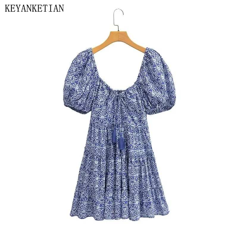 KEYANKETIAN Summer New Women's Blue Floral Print Dress Boho Holiday Wind Tassel Puff Sleeve High-Waisted A-Line Mini Dress
KEYANKETIAN Summer New Women's Blue Floral Print Dress Boho Holiday Wind Tassel Puff Sleeve High-Waisted A-Line Mini Dress