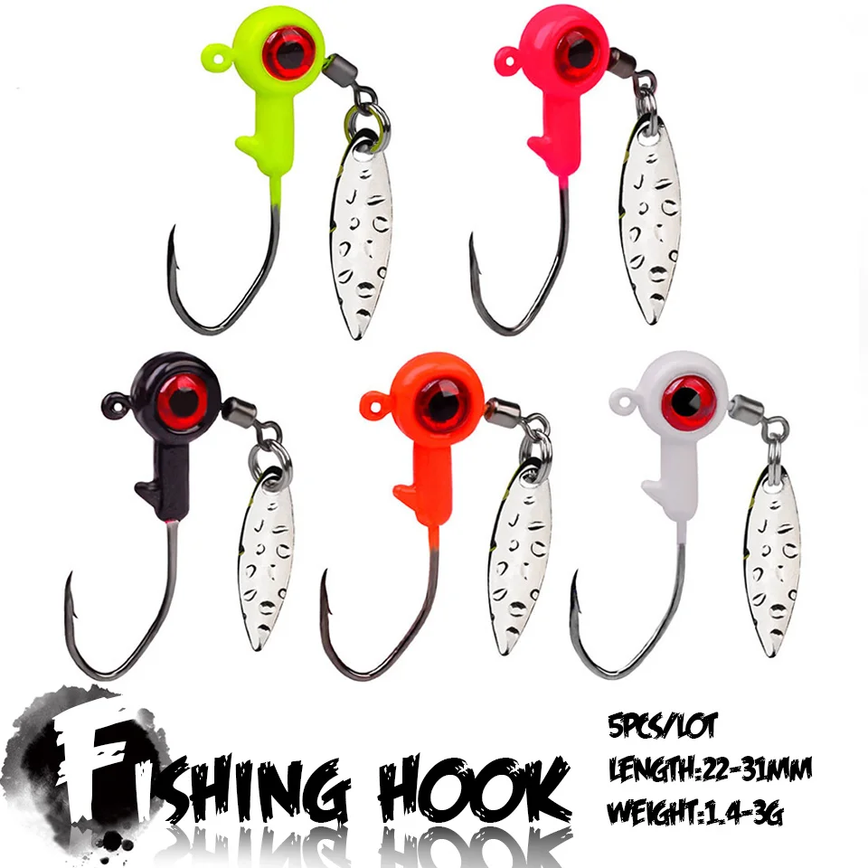 

5Pcs/Lot 1.4G 1.6G 3G Metal Sequin Fishing Hook Bionic 3D Eyes Sharp Tip Jig Head Lead Head Soft Bug Hook Fishing Tackles